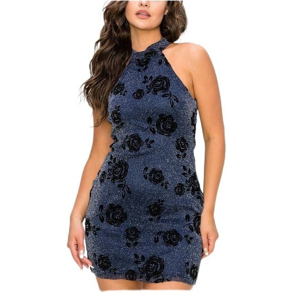 B. Darlin Womens Halter Mini Dress 13/14 Blue Black Roses Glitter Event Prom 90s - Picture 1 of 12